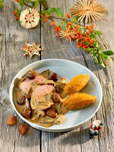 Rôti de veau aux champignons, purée de patate douce